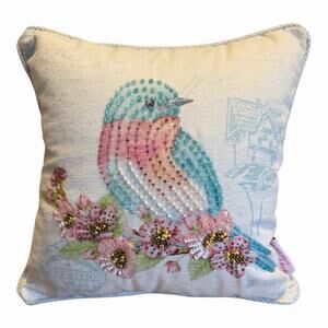 Bird Decorative Throw Pillow 12” X 12” Beaded Pink & Blue Spring Gatherings EUC